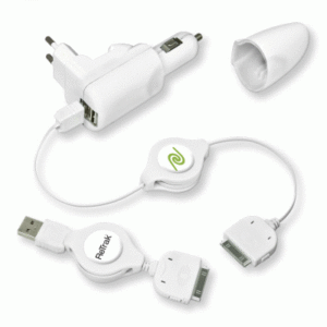 Accessori Alimentatore Usb Da Auto/casa 2p Retrak Euipodchg51 + 2 Cavi Usb-apple30pin 100cm Retrattile 0816983010215